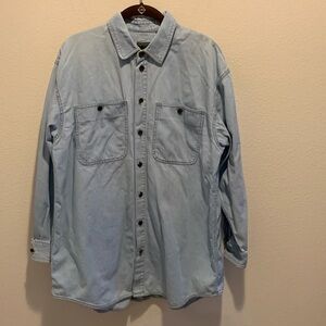 Lizwear Womens Light blue jean button down shirt with metal floral buttons. L. 